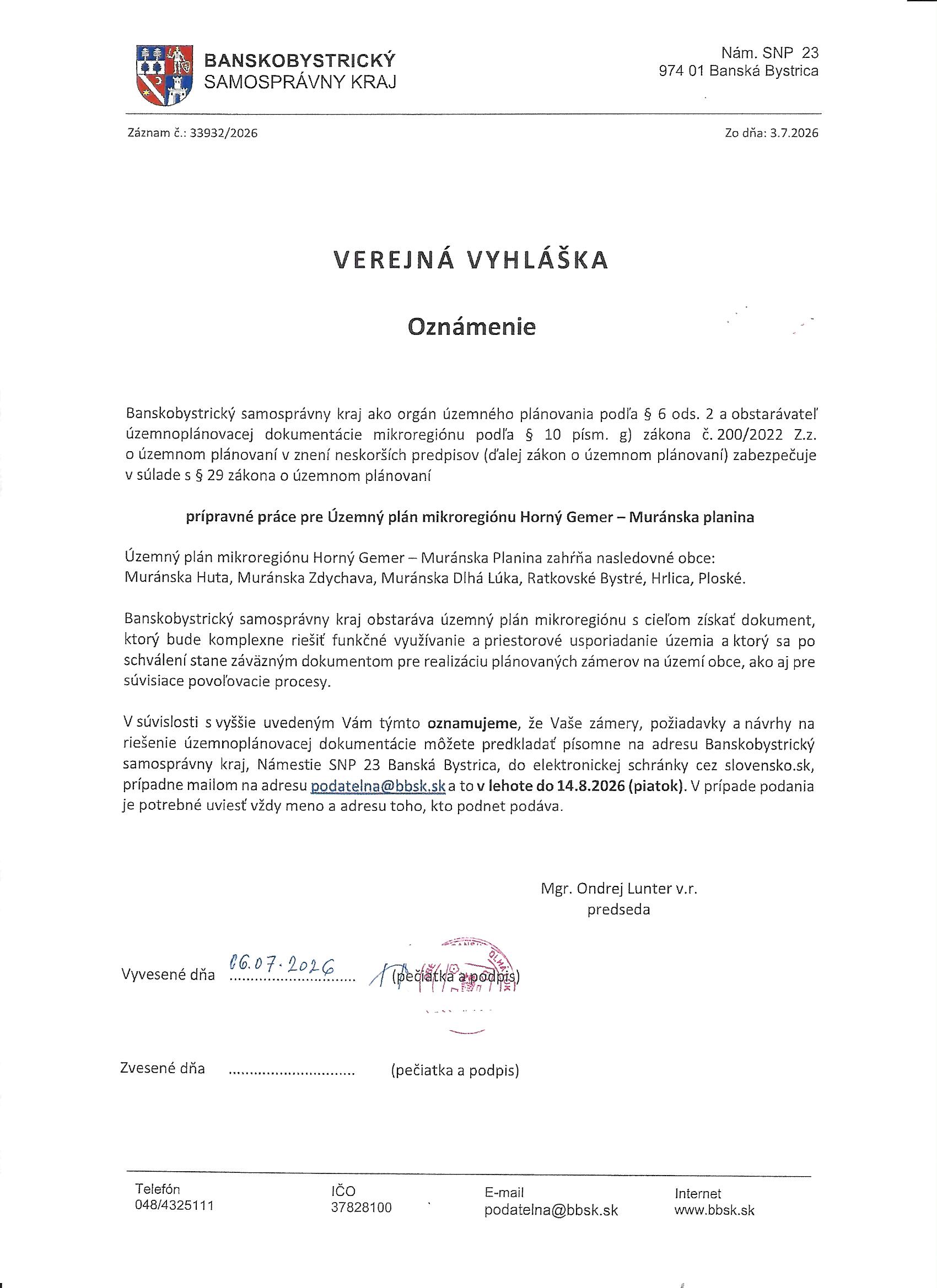 Verejná vyhláška BBSK - Oznámenie