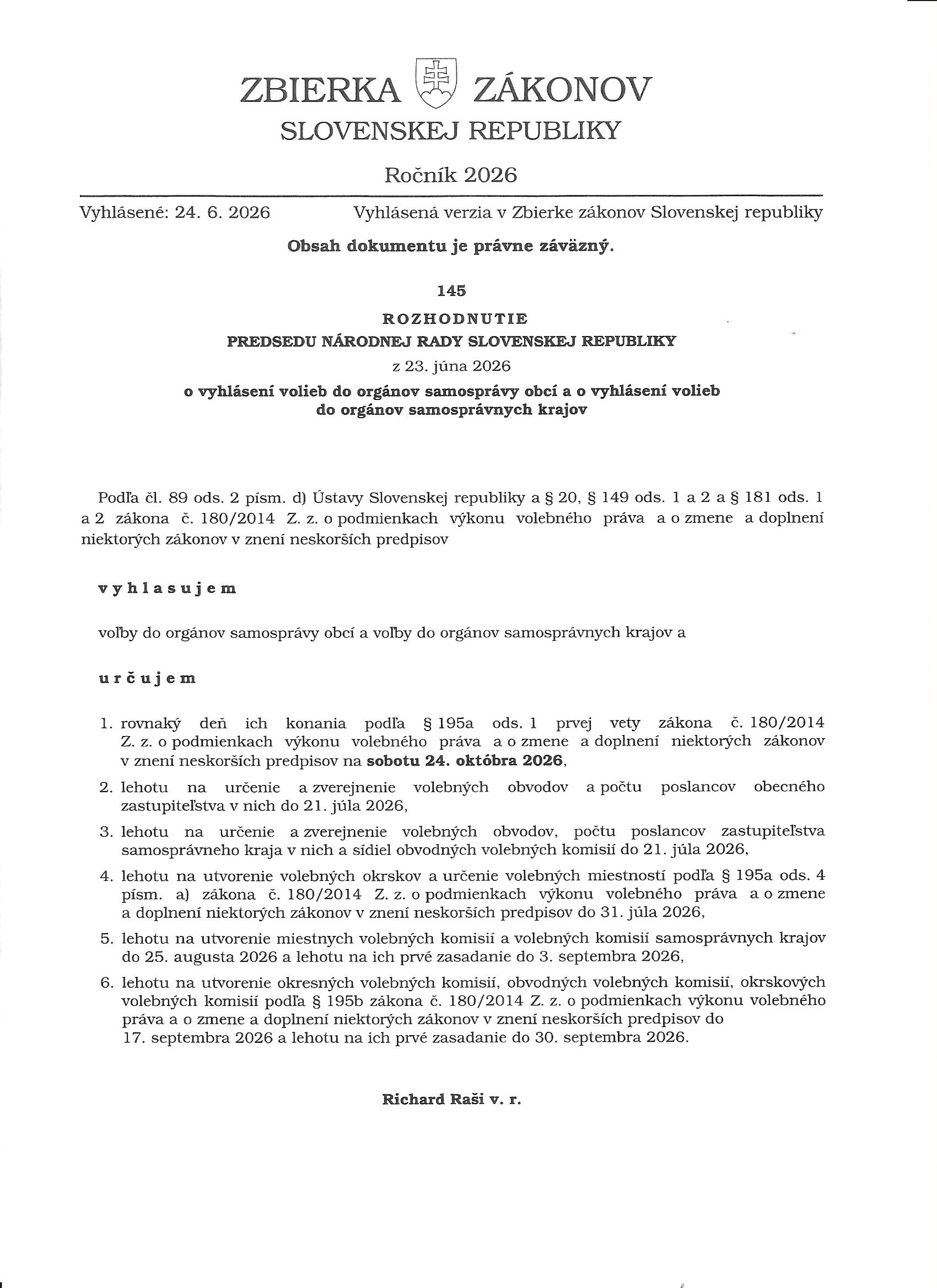 Vyhlásenie volieb do orgánov samosprávy obcí 2026